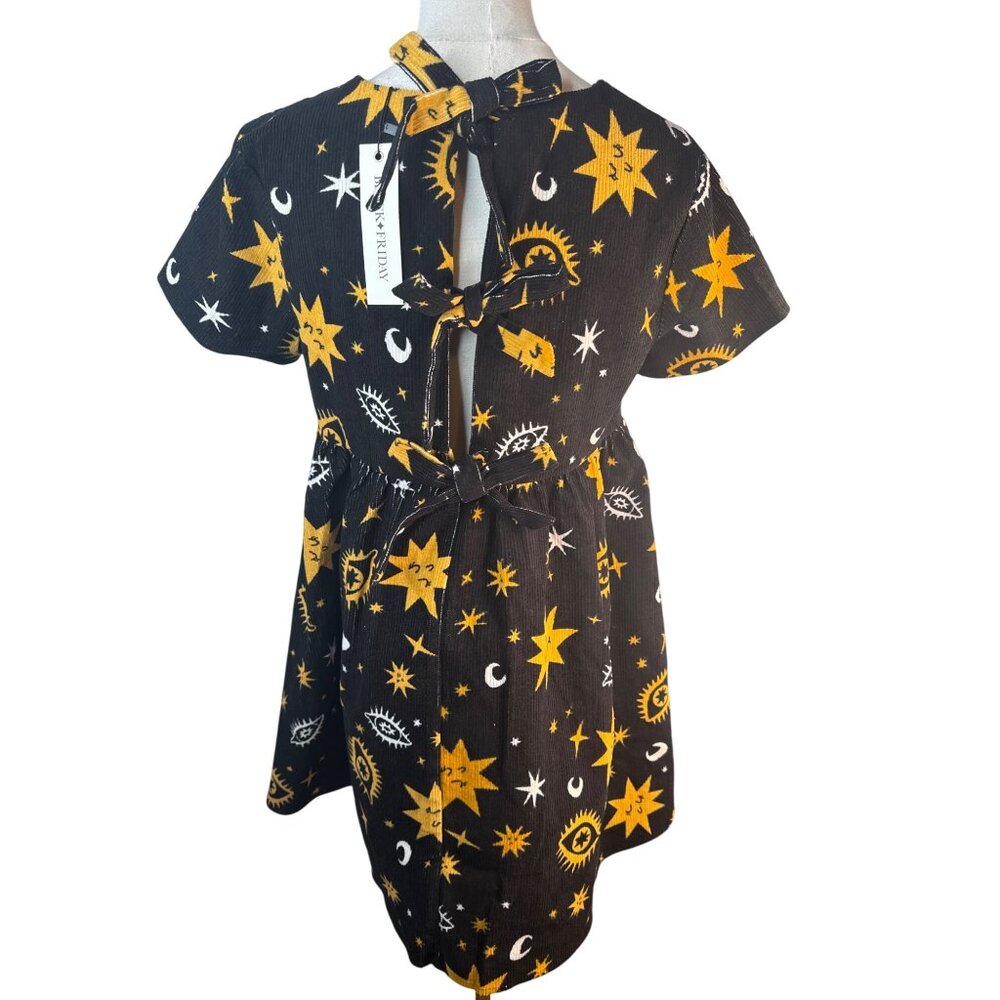 Black Friday Size 6 Cosmic Print Mini Black Gold White Corduroy Dress NWT - Picture 3 of 16